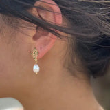 14ct Gold Plated Fresh Water Pearl Green Filigree Earrings