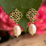 14ct Gold Plated Fresh Water Pearl Green Filigree Earrings