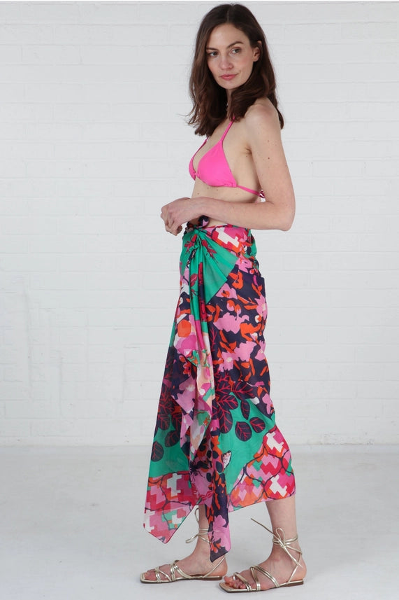 FLORAL & BEE GREEN & PINK SCARF/SARONG