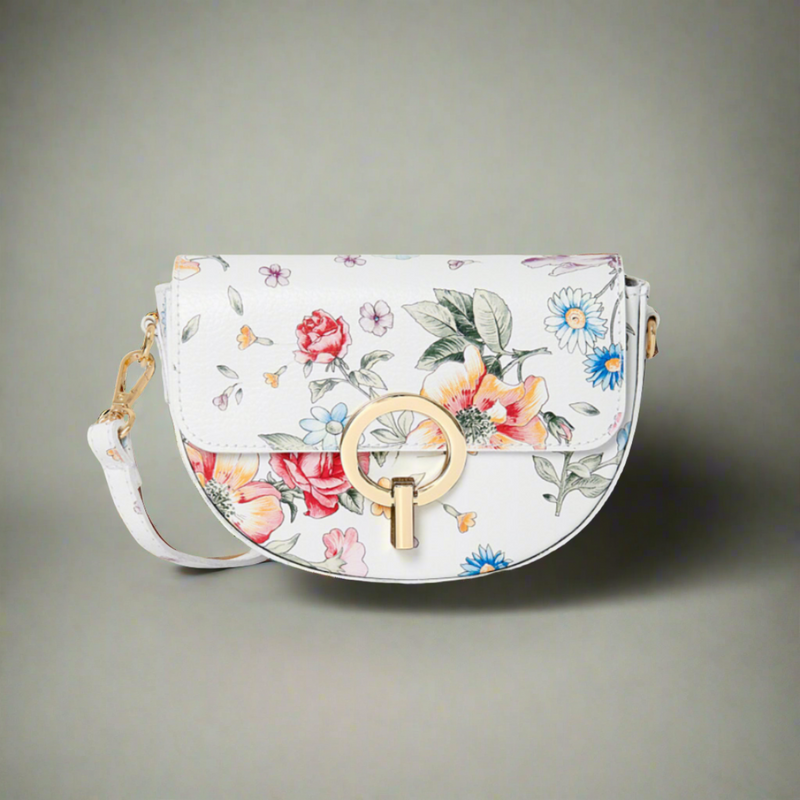 White Floral Leather Half Moon Bag