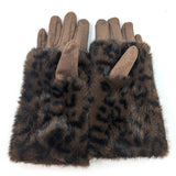 Super Fluffy Faux Fur Two-in-One Gloves -  Brown Animal Print
