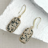 Dalmation Jasper Rectangle Drop Gold Plated Earrings