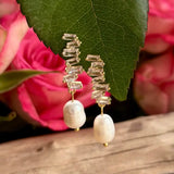 Gold Plated Fresh Water Pearl Zirconia Zigzag Earrings
